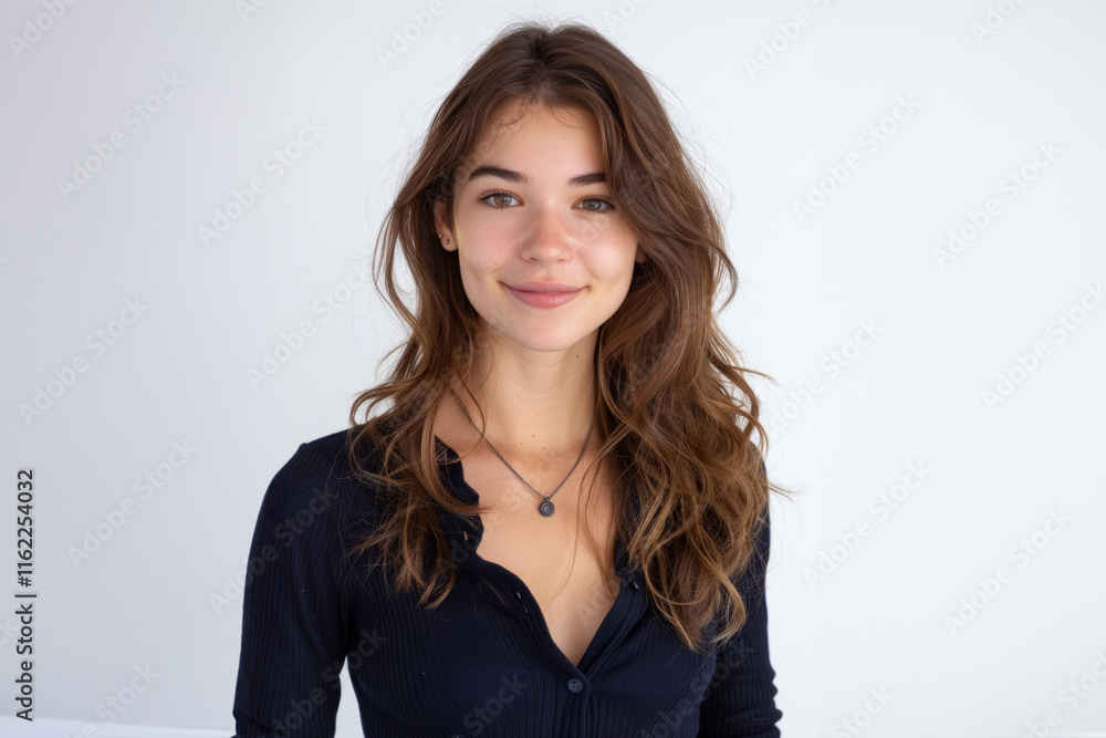 Her black attire, set against a white background, showcases a respectful and poised style ideal for formal settings. Her black attire, set against a white background, showcases a respectful and poised style ideal for formal settings.