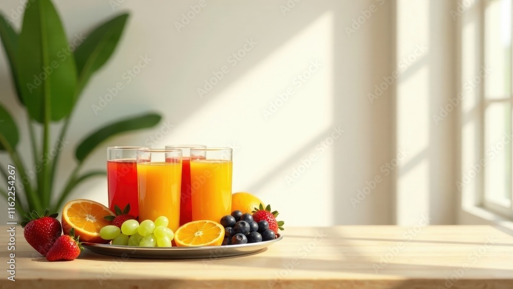 Refreshing Fruit Juices and Fresh Fruit Platter on a Sunny Table