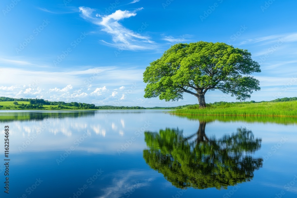 Obraz premium Colossal Tree Lakeside Reflection - Serene lake, majestic tree, tranquil reflection, peaceful nature, vibrant summer. Symbolizing peace, serenity, growth, reflection, and nature's beauty.