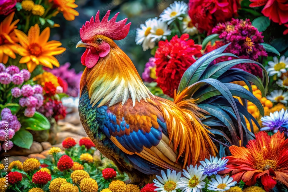 Fototapeta premium Floral Rooster Bird's Eye View: Vibrant Colorful Rooster