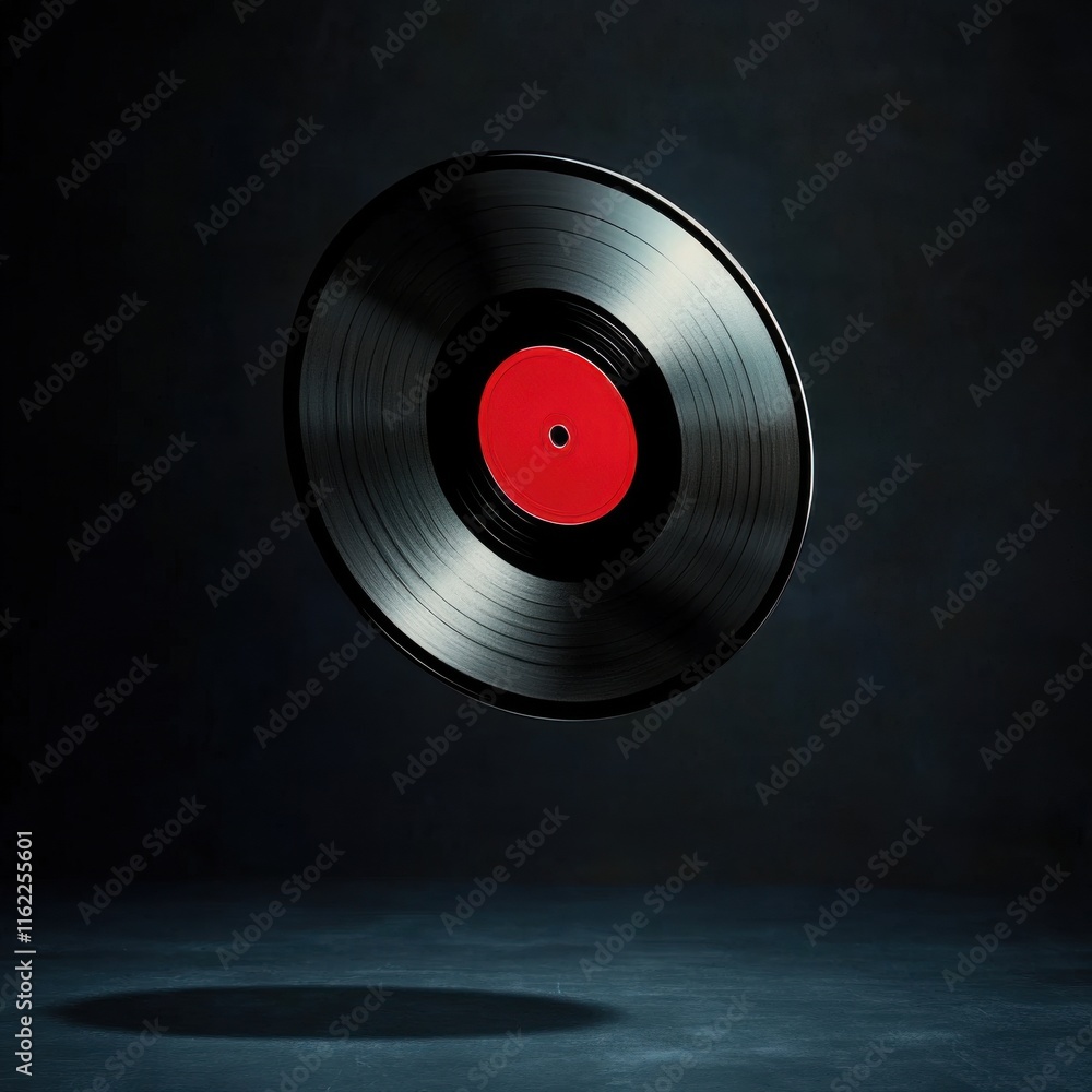 Fototapeta premium A floating vinyl record with a vibrant red center, set against a dark backdrop, evoking nostalgia.