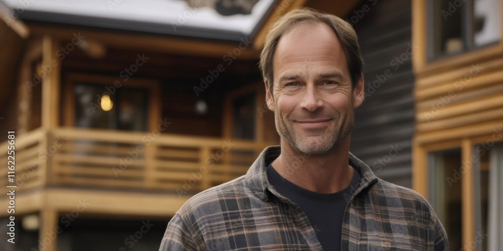 Fototapeta premium Proud homeowner standing confidently near rustic mountain lodge, beaming with satisfaction amid serene wilderness landscape