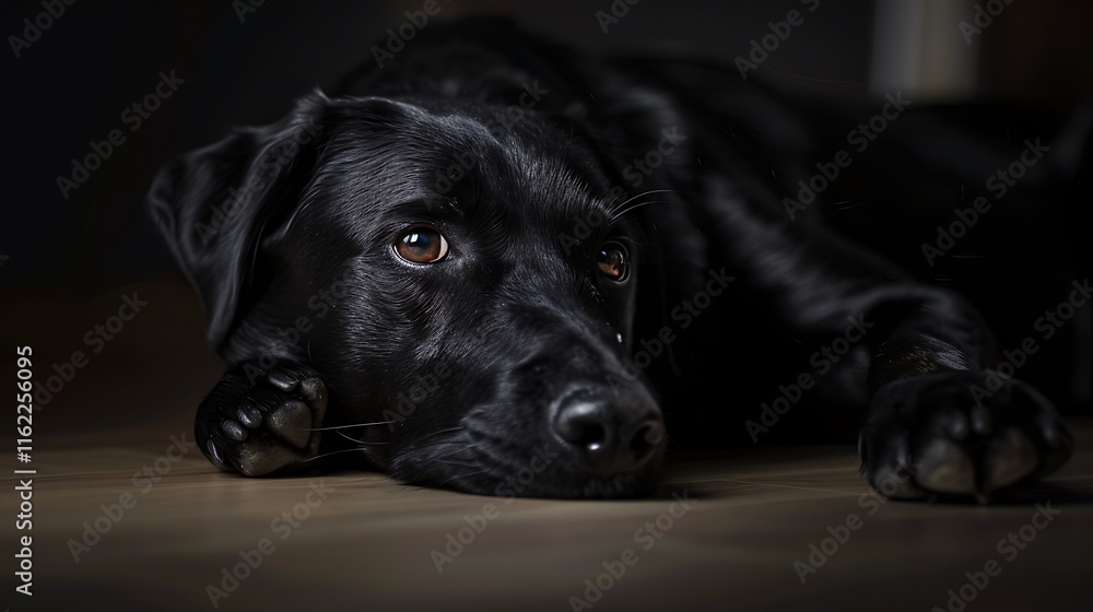 A close-up of a relaxed black dog resting on a wooden floor. A close-up of a relaxed black dog resting on a wooden floor.