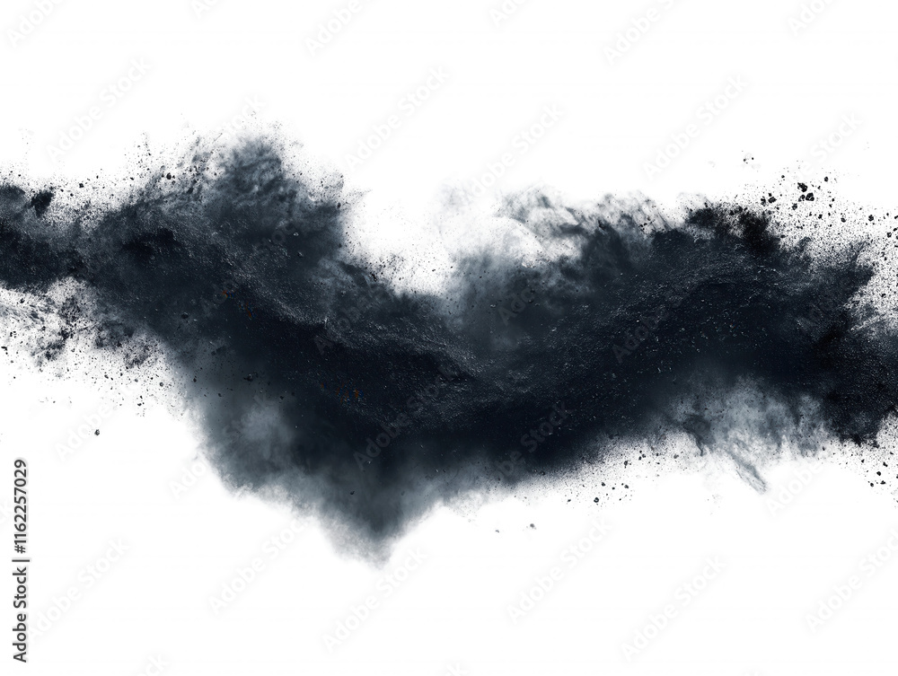 A black cloud of smoke is blowing across a white background A black cloud of smoke is blowing across a white background