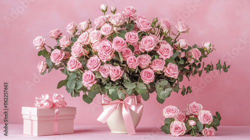 Beautiful bouquet flowers pink roses in vase and gift box with satin bow on pastel pink background table. Birthday, Wedding, Mother's Day, Valentine's day, Women's Day. Front view.