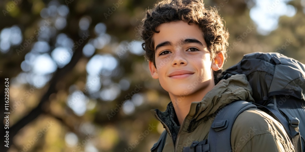 Teenage boy smiling while hiking, wearing backpack amid verdant forest, sunlight filtering through dense green foliage Teenage boy smiling while hiking, wearing backpack amid verdant forest, sunlight filtering through dense green foliage