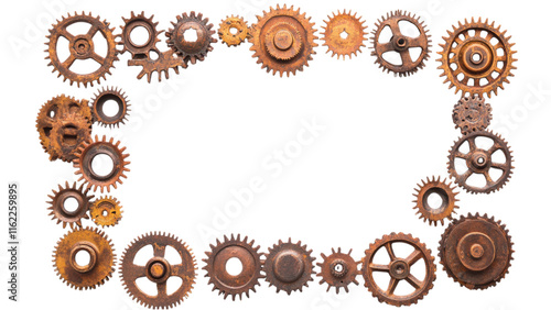 Rusty Gear Frame, a square arrangement of aged gears on a white backdrop, showcasing industrial charm and vintage appeal.