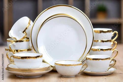 Elegant Gold Trimmed Porcelain Dinnerware Set - Classic elegance, gold accents, fine porcelain, teacups, dinner plates, sophisticated tableware, luxurious setting. photo