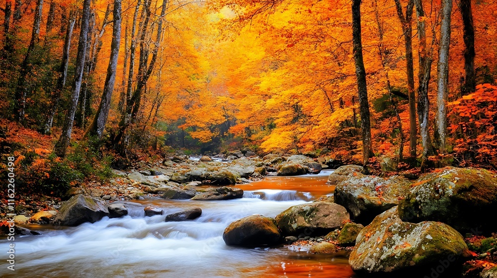 Autumn Stream Flows Through Vibrant Orange Forest Autumn Stream Flows Through Vibrant Orange Forest