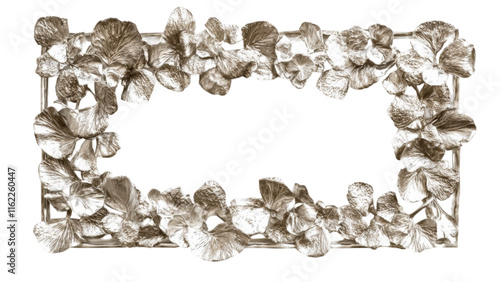 Silver Leaf Cluster Frame, square arrangement of silver leaf clusters on a white background, elegant and modern design, perfect for showcasing art. photo