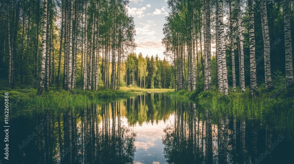 Serene Birch Trees Reflected In Calm Forest Pond Serene Birch Trees Reflected In Calm Forest Pond