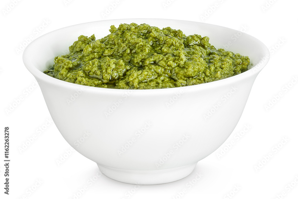 Pesto sauce in ceramic bowl isolated on white background Pesto sauce in ceramic bowl isolated on white background