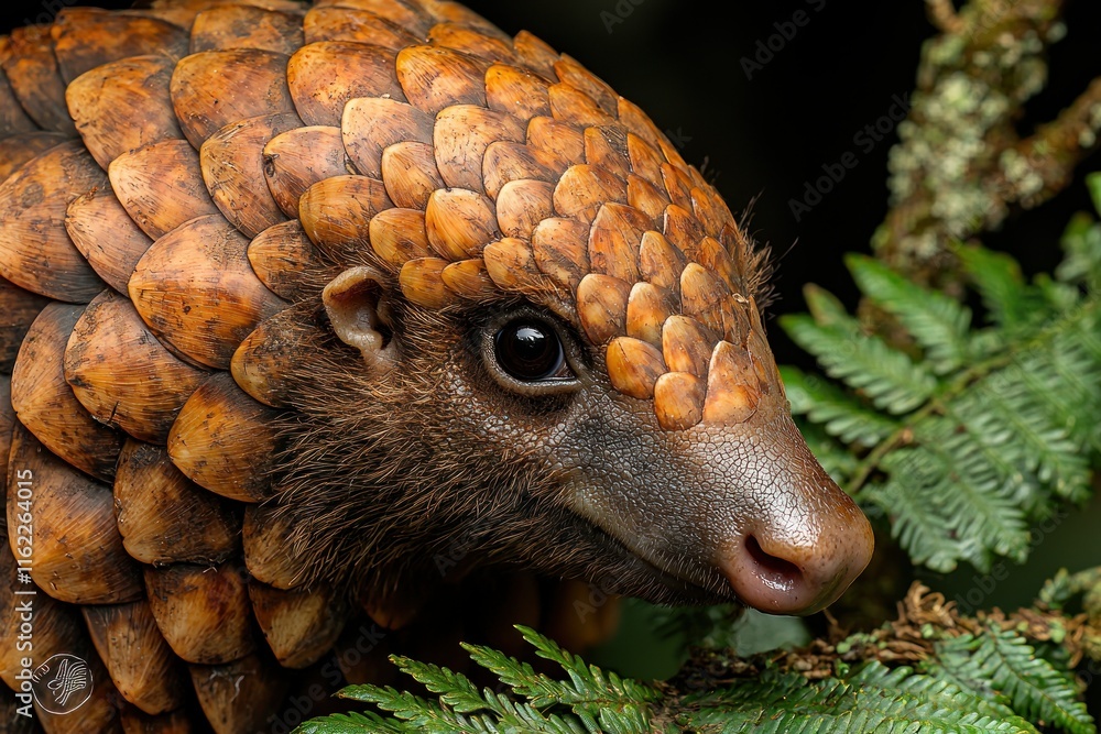 Close-up of a pangolin's face and scales, amidst lush green foliage. Close-up of a pangolin's face and scales, amidst lush green foliage.