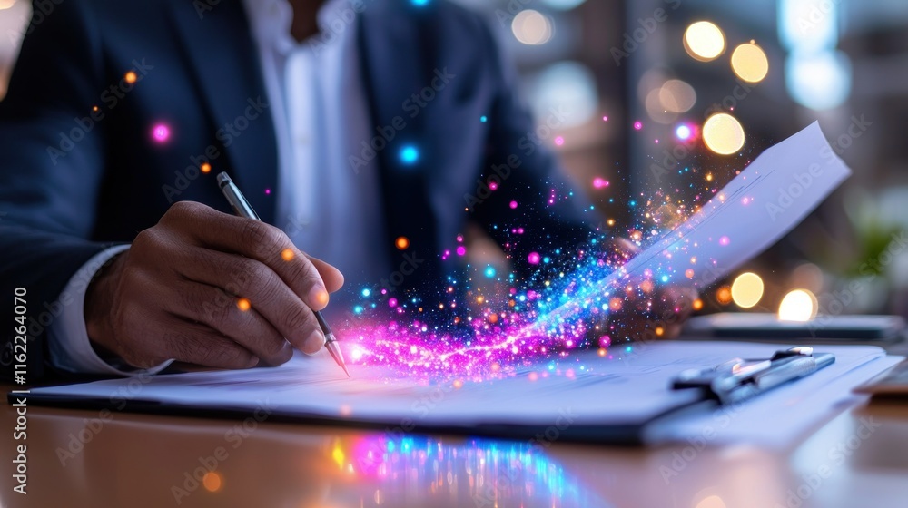 Close-up of a person signing a document with magical particles emanating from the pen.