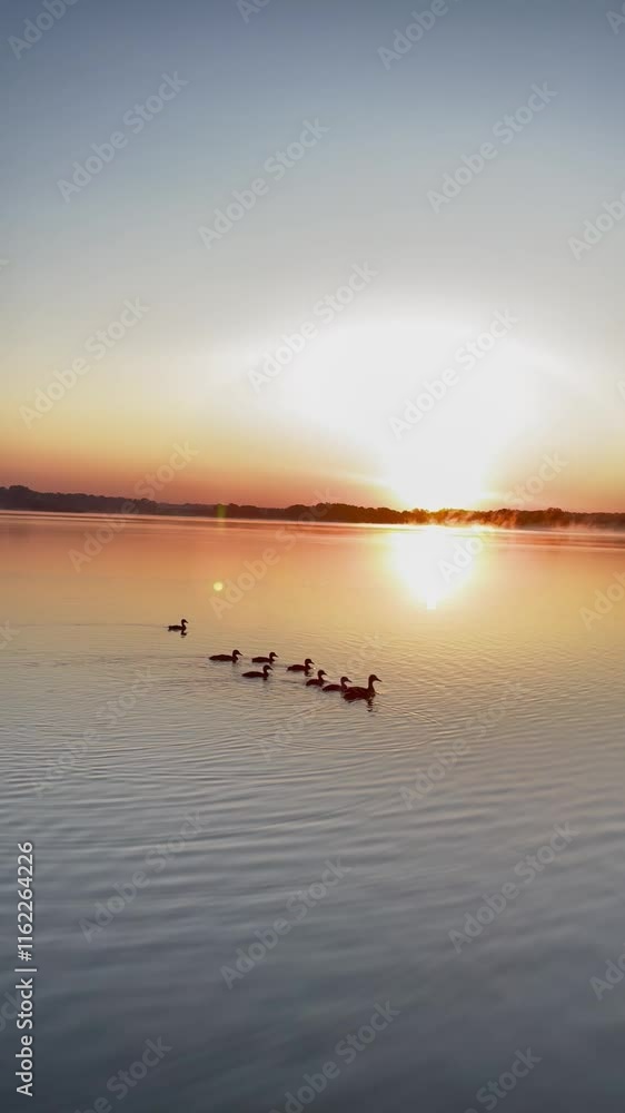 Vertical screen: A serene sunrise over a calm lake with a group of ducks swimming in formation, creating a peaceful and picturesque natural scene. Vertical screen: A serene sunrise over a calm lake with a group of ducks swimming in formation, creating a peaceful and picturesque natural scene.