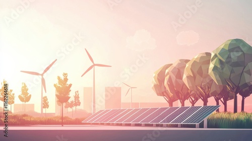 Renewable energy action solar and wind farms urban landscape digital art sustainability focus dawn viewpoint photo