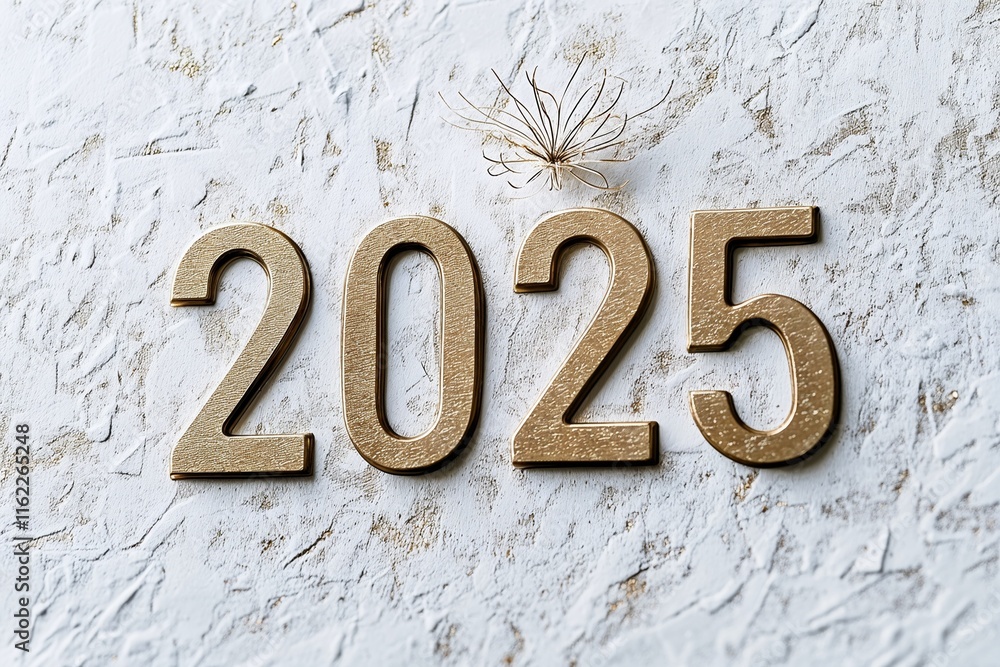 Minimalist and elegant 2025 New Year's card, subtle textures, a single abstract element symbolizing new beginnings, muted color palette with a touch of gold Minimalist and elegant 2025 New Year's card, subtle textures, a single abstract element symbolizing new beginnings, muted color palette with a touch of gold