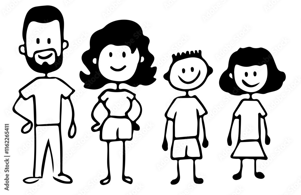 Set of happy cartoon doodle figure family, stick man. Stickman Illustration Featuring a Mother and Father and Kids. Vector Illustration, set of family in stick figures. Set of happy cartoon doodle figure family, stick man. Stickman Illustration Featuring a Mother and Father and Kids. Vector Illustration, set of family in stick figures.