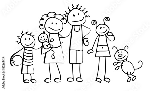 Set of happy cartoon doodle figure family, stick man. Stickman Illustration Featuring a Mother and Father and Kids. Vector Illustration, set of family in stick figures.	