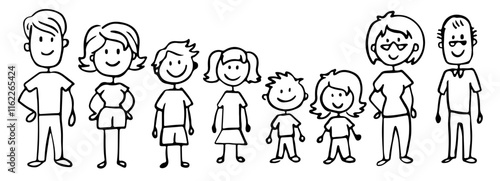 Set of happy cartoon doodle figure family, stick man. Stickman Illustration Featuring a Mother and Father and Kids. Vector Illustration, set of family in stick figures.	