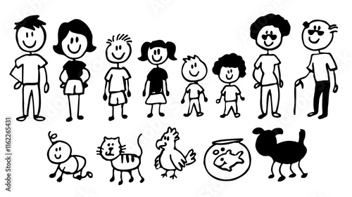 Set of happy cartoon doodle figure family, stick man. Stickman Illustration Featuring a Mother and Father and Kids. Vector Illustration, set of family in stick figures.	