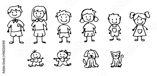 Set of happy cartoon doodle figure family, stick man. Stickman Illustration Featuring a Mother and Father and Kids. Vector Illustration, set of family in stick figures.	