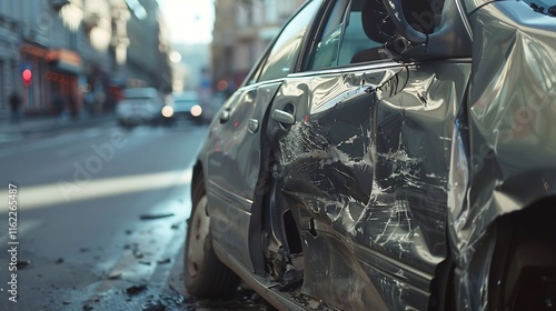 A damaged car on a city street following an accident, highlighting road safety concerns.