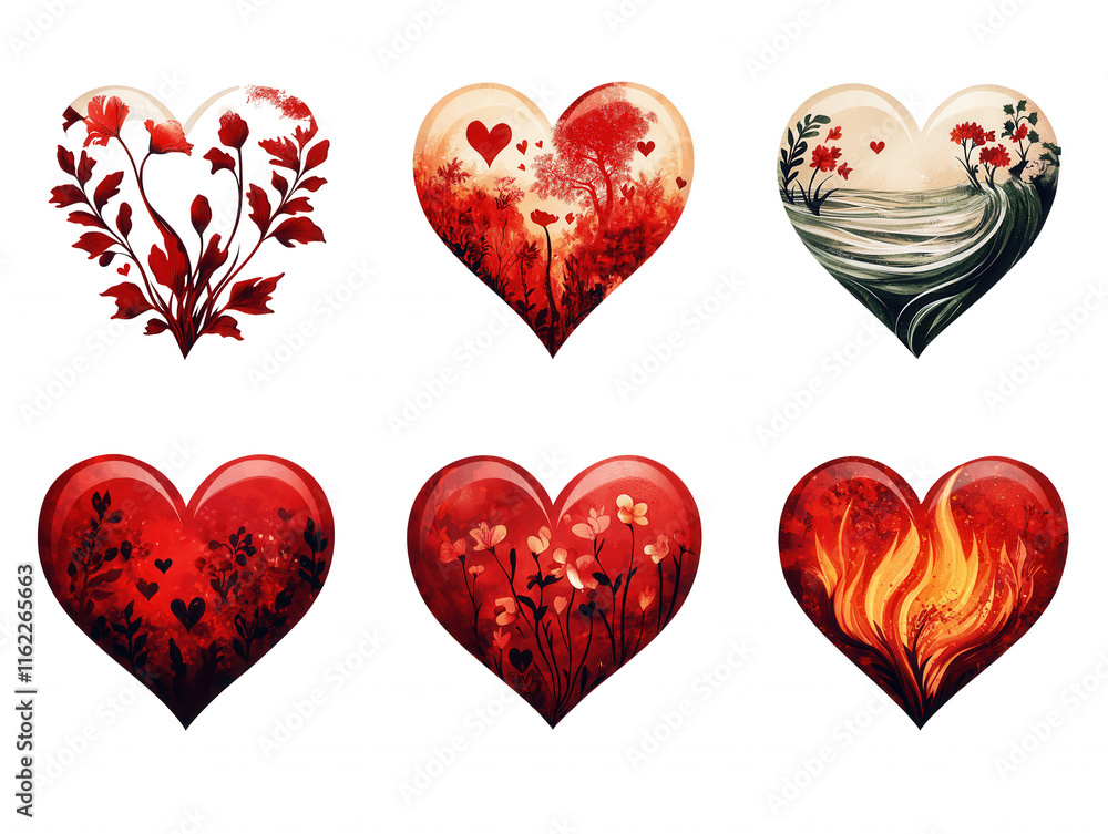 A set of six hearts with different designs and colors A set of six hearts with different designs and colors