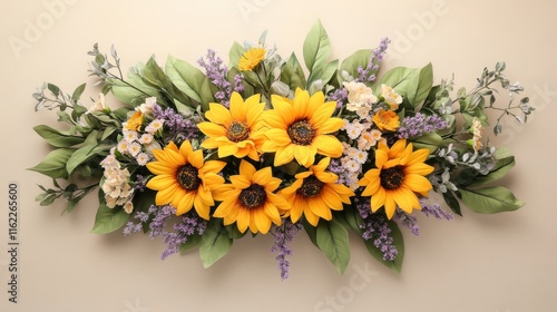 Yellow sunflowers and lavender accents on taupe background with light