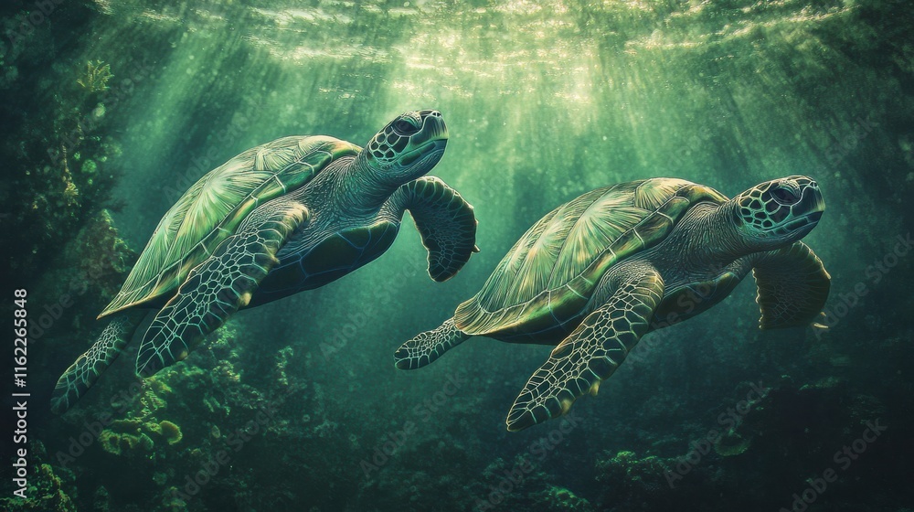 Fototapeta premium Turtles Gliding Through a Coral Reef with Natural Light