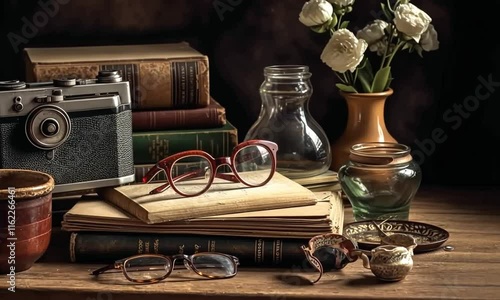 Wallpaper Mural Vintage camera, books, glasses, and flowers on a wooden table. Torontodigital.ca