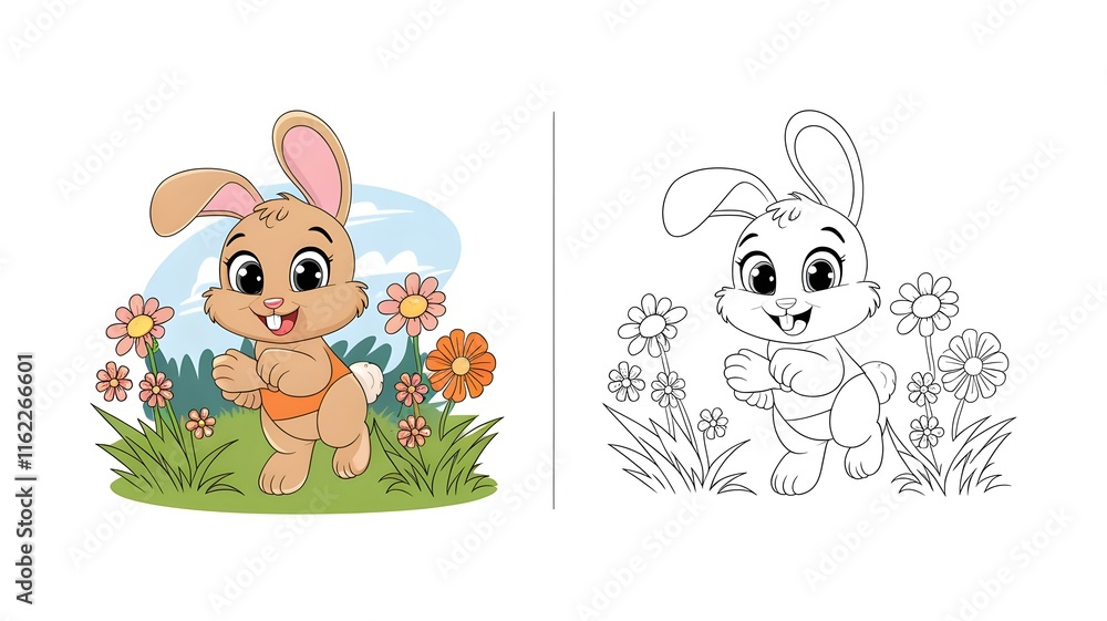 Fototapeta premium Adorable Bunny in a Flower Garden - Color and Outline Illustration