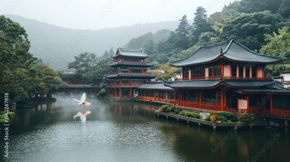 Fototapeta premium Tranquil lakeside scene with traditional architecture.