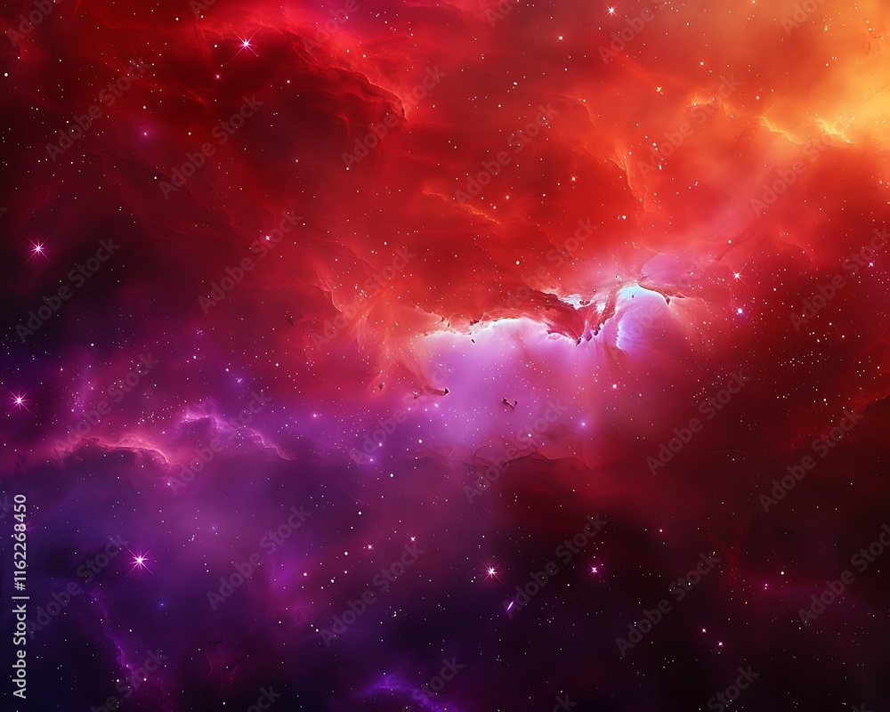 Fototapeta premium Red and purple nebula cloud, starry space background, dark fantasy banner style.