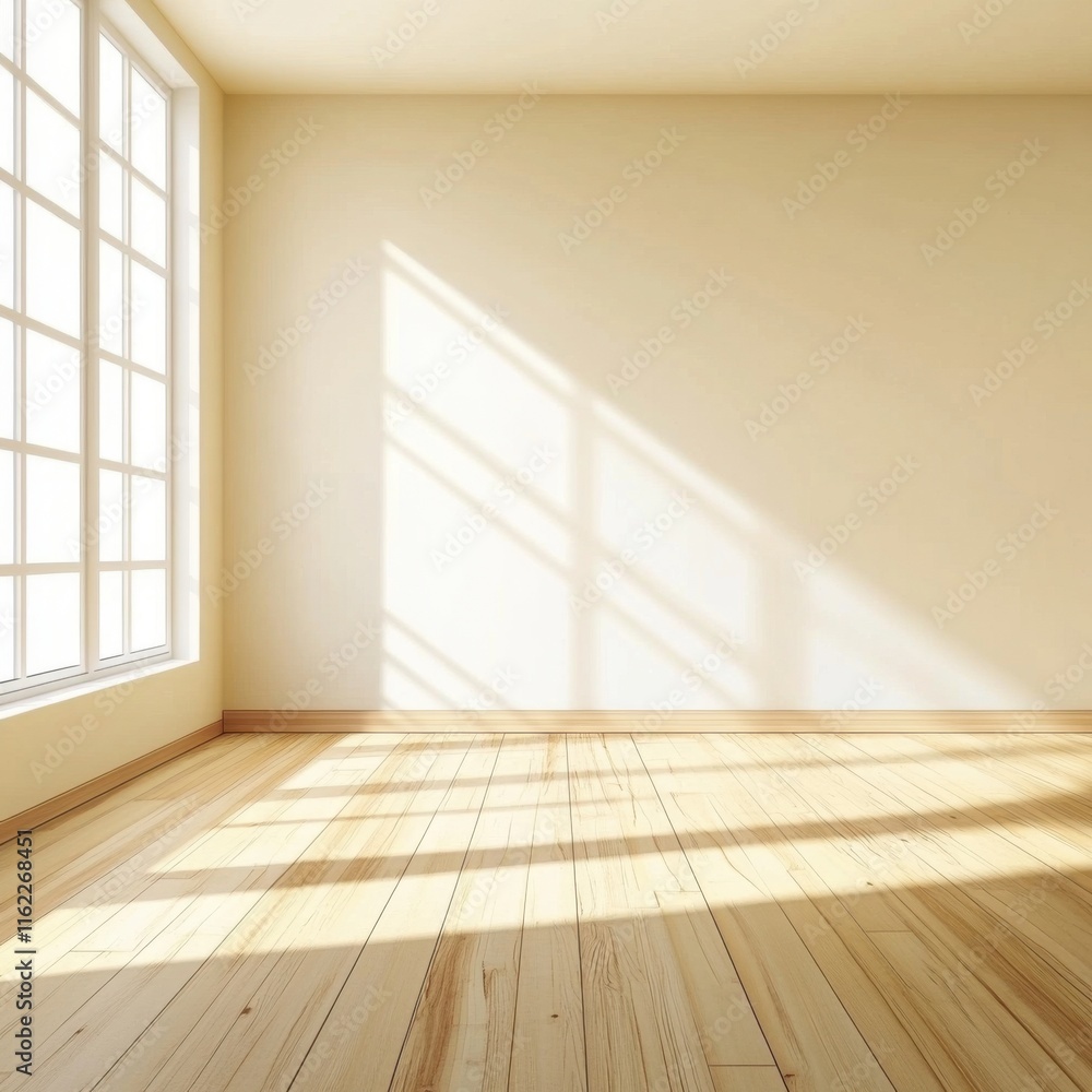 Obraz premium Bright, airy room with wooden flooring and sunlight streaming through large windows.