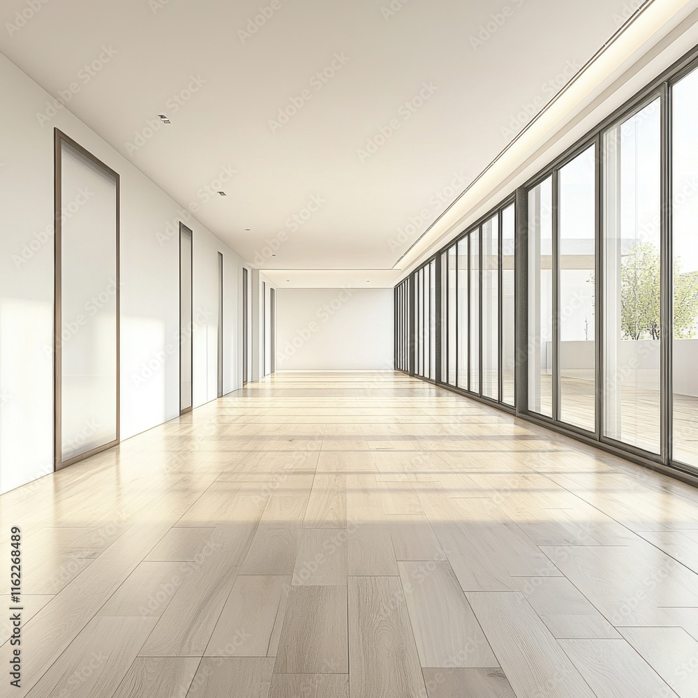 Fototapeta premium Spacious, sunlit corridor with wooden flooring and glass walls, creating an open and airy atmosphere.
