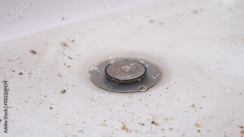 male hand cleans the sink from blockages. cleaning the drain from hair and debris in the bathroom.