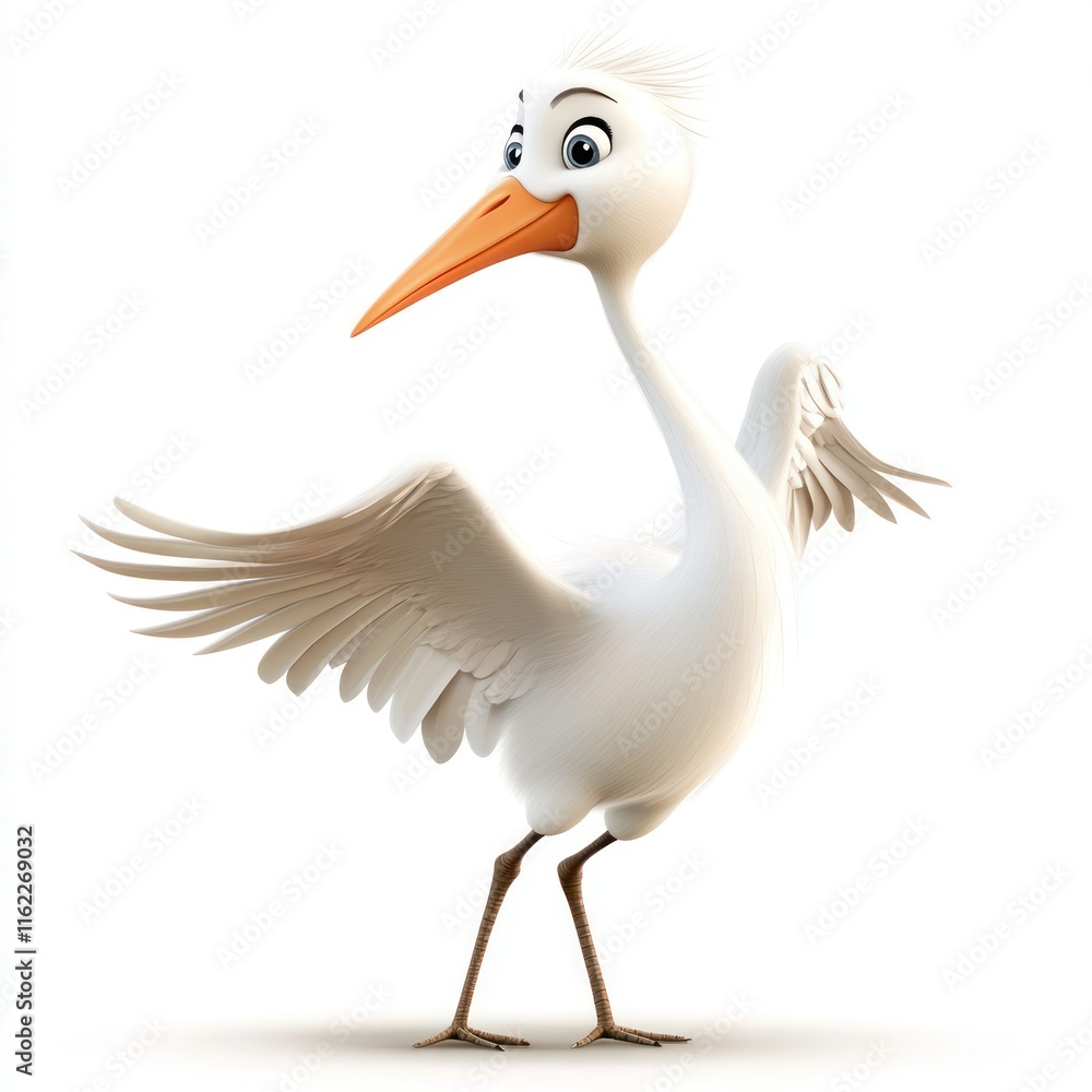 Cute Crane with a friendly face and extended arm. vector style art 3d illustration Isolated on White Background Cute Crane with a friendly face and extended arm. vector style art 3d illustration Isolated on White Background