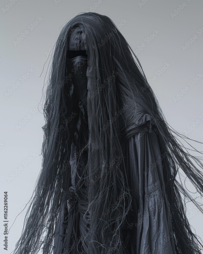 A grayscale image of a mysterious figure with long, flowing hair obscuring its face, standing against a plain background. The figure appears ethereal and somewhat unsettling. A grayscale image of a mysterious figure with long, flowing hair obscuring its face, standing against a plain background. The figure appears ethereal and somewhat unsettling.