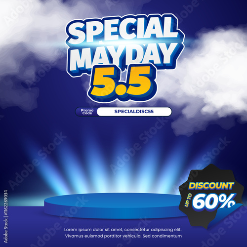 5.5 Special Mayday Shopping Sale discount deals Exclusive dark Blue gradient Editable text effect  light podium showcase product banner