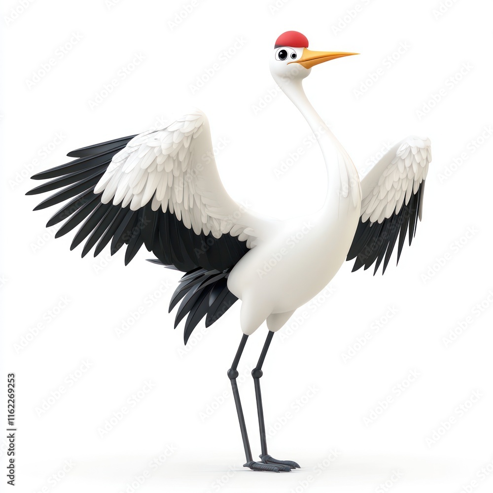 Cute Crane with a friendly face and extended arm. vector style art 3d illustration Isolated on White Background Cute Crane with a friendly face and extended arm. vector style art 3d illustration Isolated on White Background