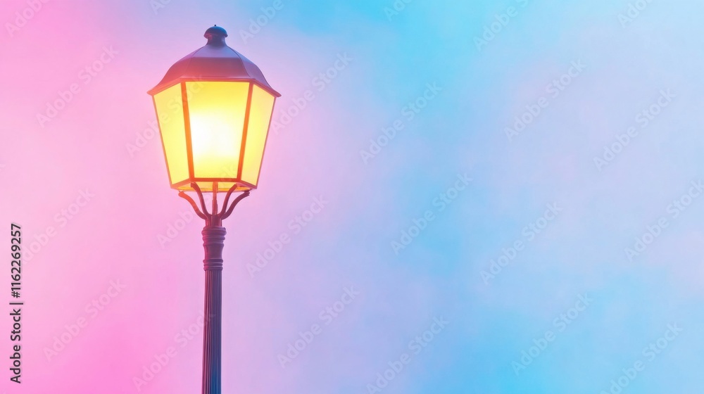 Glowing streetlamp illuminates a foggy evening with gradient colors in the surrounding mist Glowing streetlamp illuminates a foggy evening with gradient colors in the surrounding mist