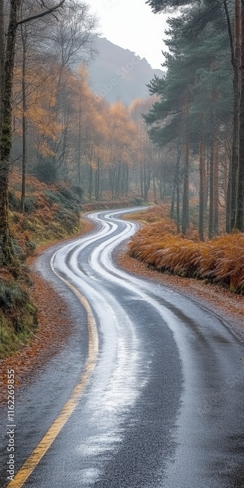 Fototapeta premium Winding road through autumnal forest on a misty day.