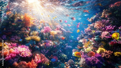 Vibrant Coral Reef with Sunlight and Colorful Fish