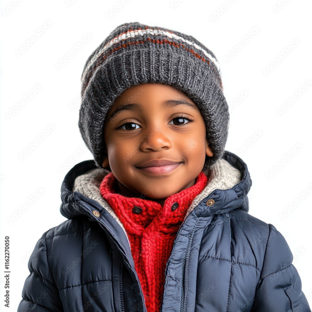Cute African American boy in warm winter Isolated on White Background Generative AI Cute African American boy in warm winter Isolated on White Background Generative AI