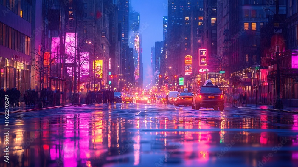 Fototapeta premium Vibrant cityscape at dusk with blurred bokeh lights