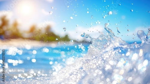 Close-up of ocean wave splashing, sunlit, bokeh background.