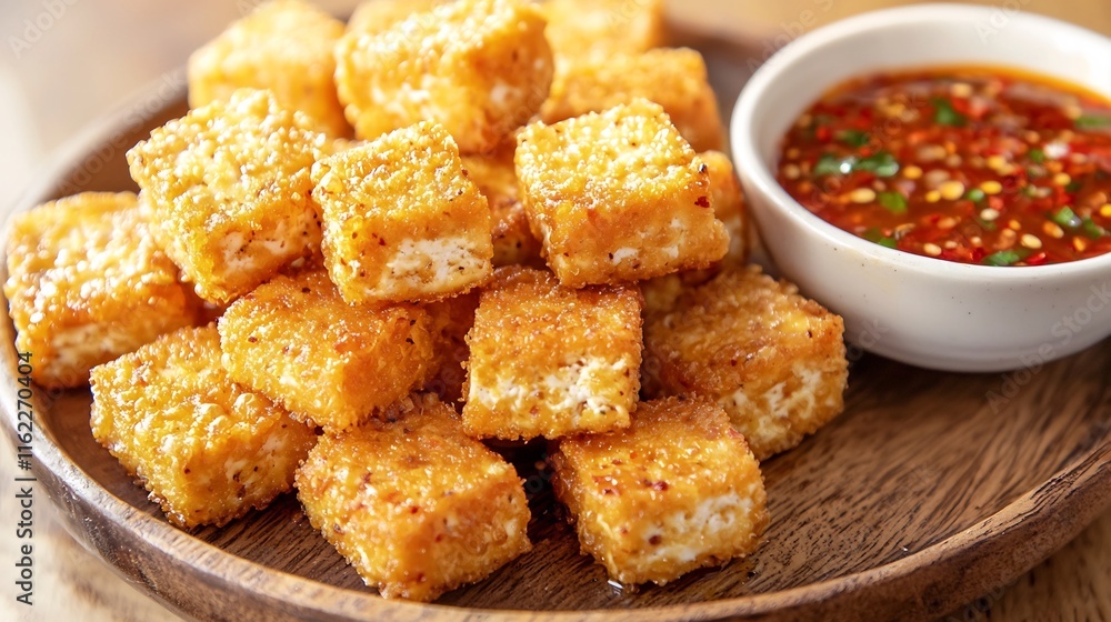 Crispy Bite-sized Savory, Bite-Sized Crispy Tofu Nuggets Served with Spicy Dipping Sauce on Wooden Plate Crispy Bite-sized Savory, Bite-Sized Crispy Tofu Nuggets Served with Spicy Dipping Sauce on Wooden Plate