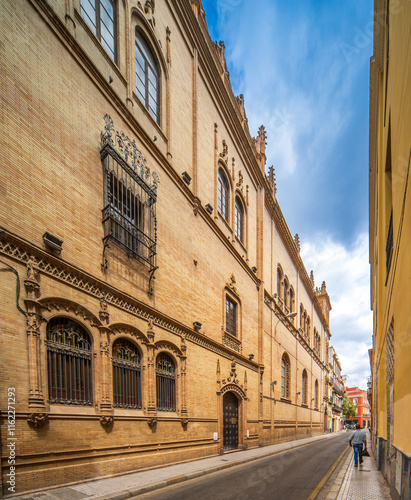 Historical Building Street View in Seville's Trajano Street on a Cloudy Day photo