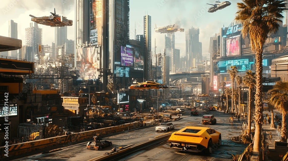 Obraz premium Futuristic cityscape with flying cars, holographic billboards, and neon-lit skyscrapers, cyberpunk aesthetic
